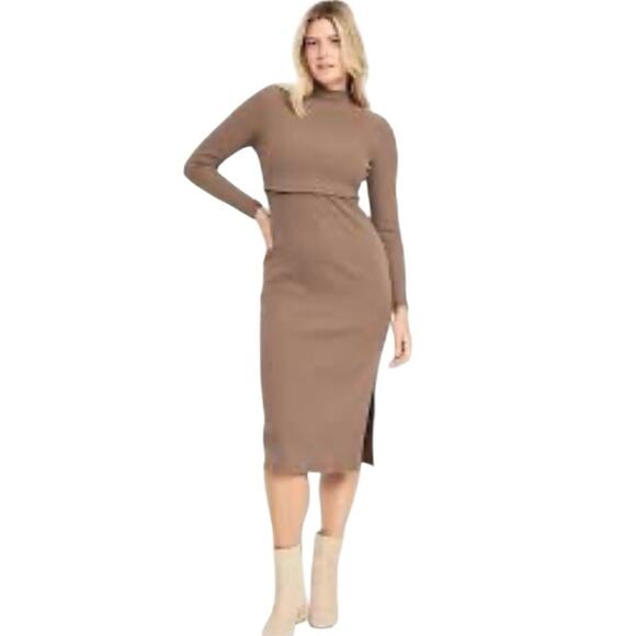 Old Navy Maternity Mock Neck Nursing Sweater Dress Size XL Brown Rib Knit Midi - Picture 1 of 15